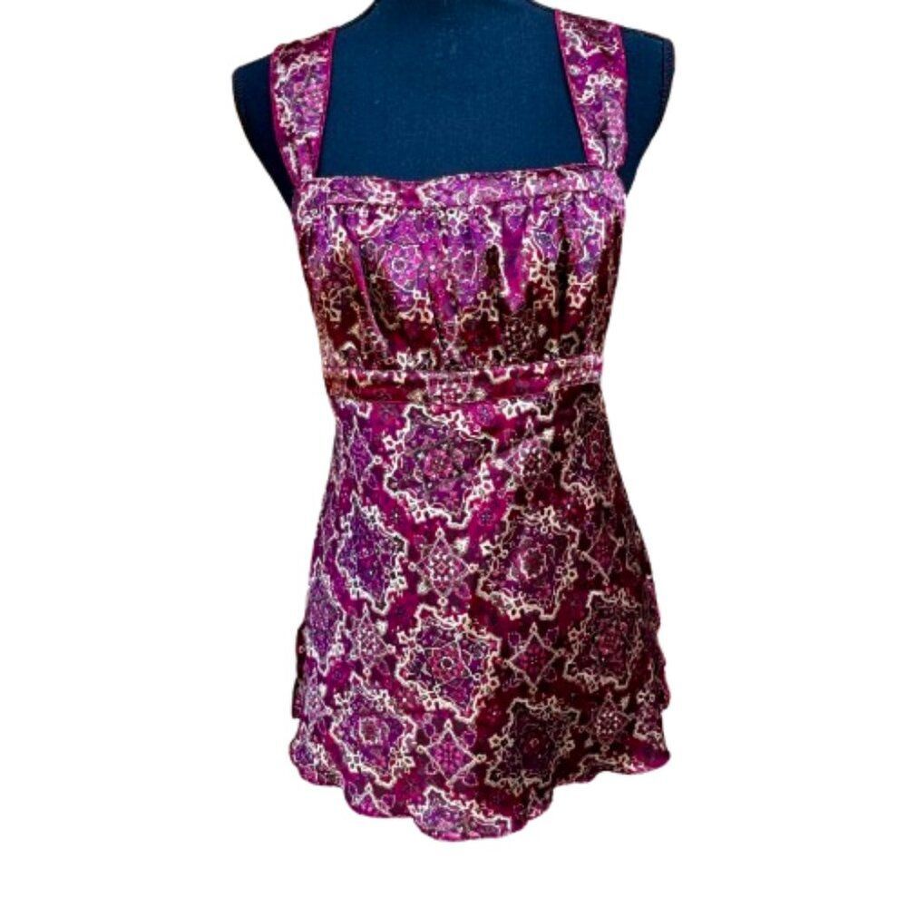 VTG Y2K 90s Self Esteem Babydoll Top XL Red Wine Print Whimsigoth Fairy